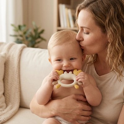 Anneau de dentition dans la bouche de bébé heureux