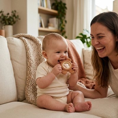 Anneau de dentition utilisé par bébé devant maman joyeuse