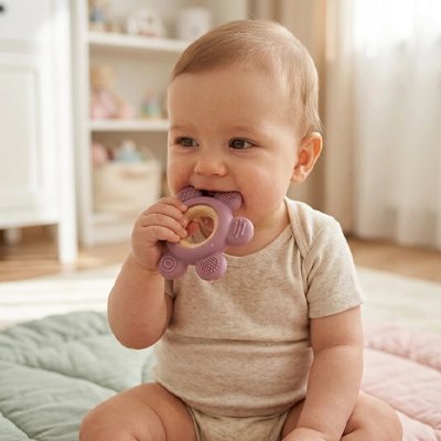 Anneau de dentition violet utilisé par bébé assis