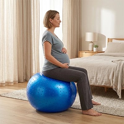 Ballon de grossesse​ bleu 65cm sous future maman qui médite