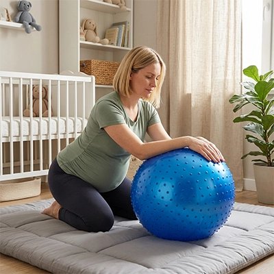 Ballon de grossesse​ bleu 65cm utilisé par  future maman pour ses exercises