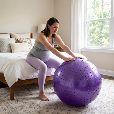 Ballon de grossesse​ violette 75 cm utilisé par future maman pour ses exercises