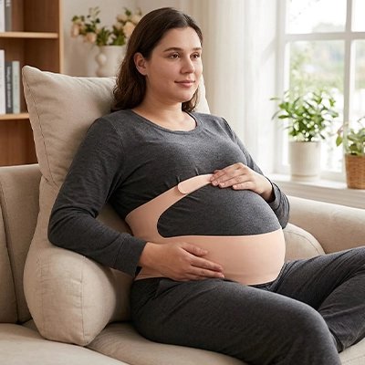 Ceinture de grossesse beige sur future maman assise