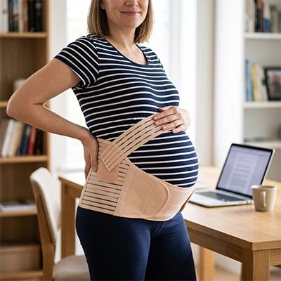 Ceinture de grossesse beige sur future maman debout