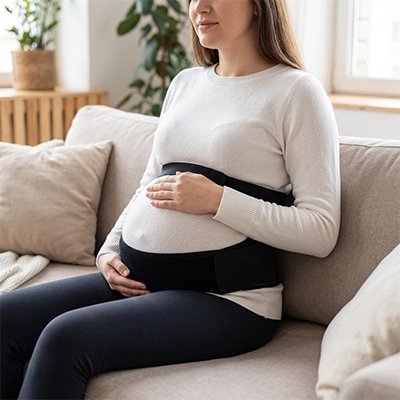 Ceinture de grossesse noir sur future maman assise au salon