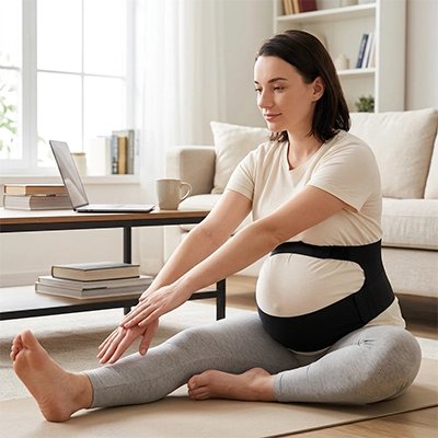 Ceinture de grossesse noir sur future maman assise par terre 