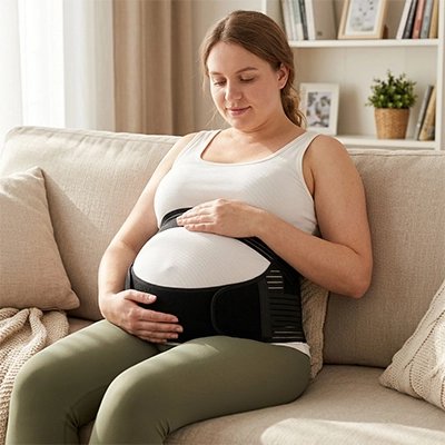 Ceinture de grossesse noir sur future maman assise au salon