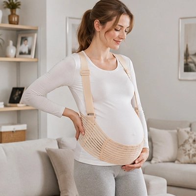 Ceinture de grossesse  pour future maman debout dans la salon.