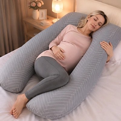 Coussin de grossesse gris rayé entoure future maman qui se repose