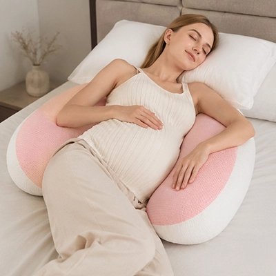 Coussin de grossesse rose supporte future maman qui se repose