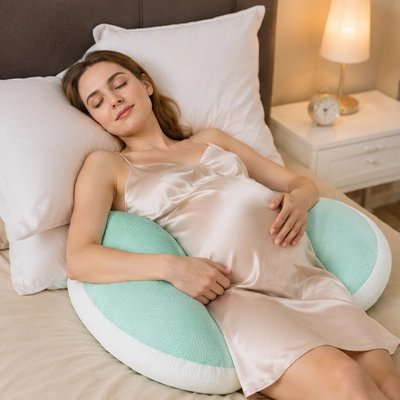 Coussin de grossesse vert supporte future maman qui se repose