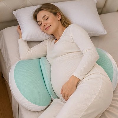 Coussin de grossesse vert supporte future maman qui se repose