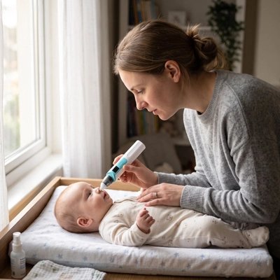 Mouche bebe electronique bleu utilisé par maman sur son bébé
