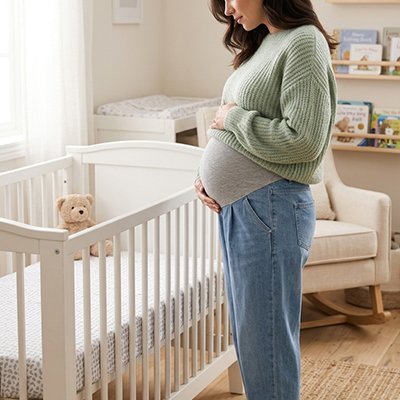 Pantalon grossesse bleu ciel sur future maman devant le lit de bébé qui s'en viens