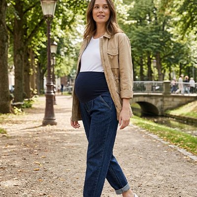 Pantalon grossesse bleu marine sur future maman lord de sa marche