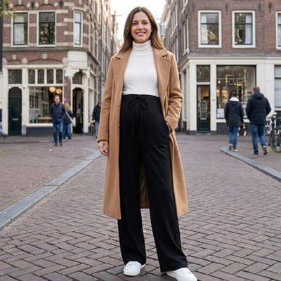 Pantalon grossesse noir porté par future maman dans la rue