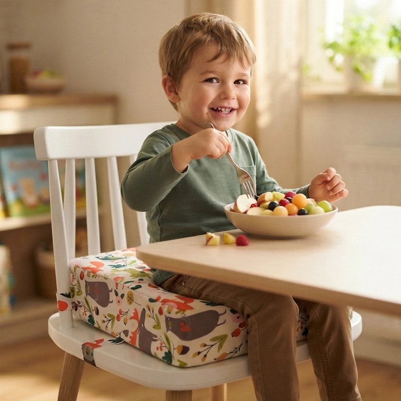 Rehausseur chaise beige sous enfant assis a la table qui mange ses fruits