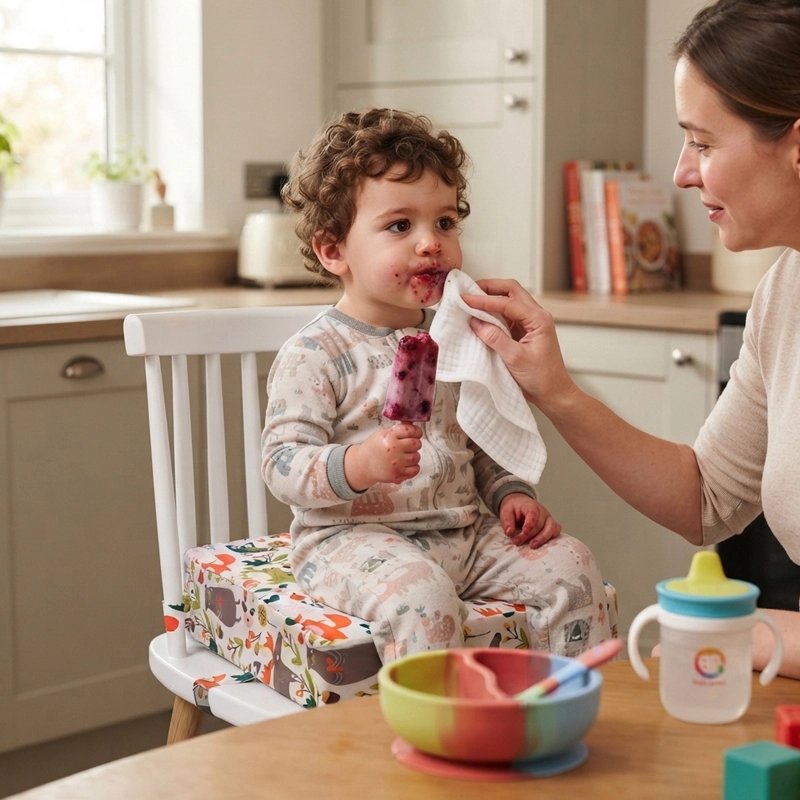 Rehausseur chaise beige sous enfant assis a la table avec maman