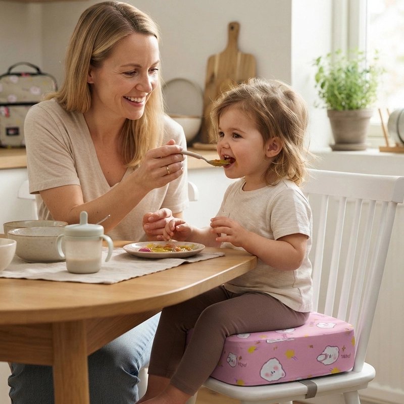 Rehausseur chaise rose sous enfant assis a la table avec maman qui la nourrit