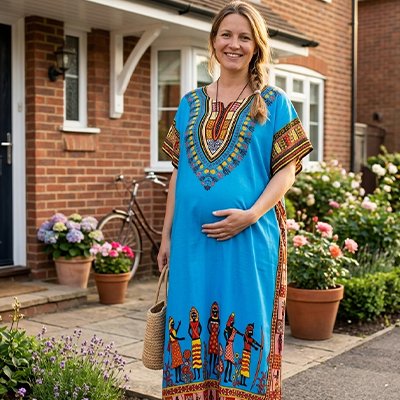 Robe grossesse bleu portée par future maman devant la maison