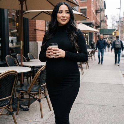 Robe grossesse noire portée par future maman devant le café